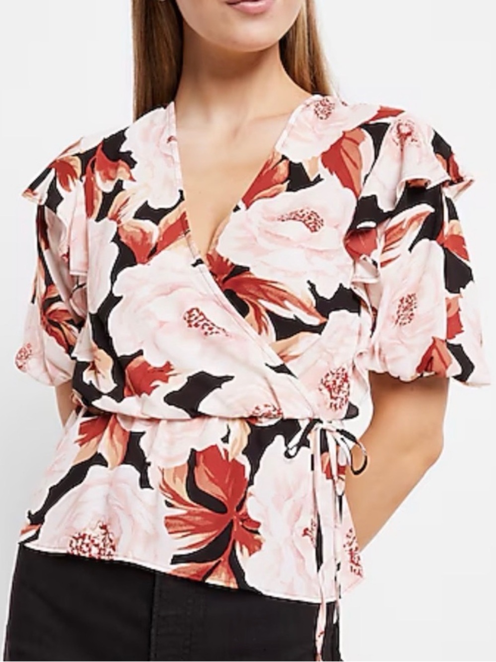 NWT Express Pink Floral Faux Wrap Peplum Top Ruffle Sleeves Size L Chic Office